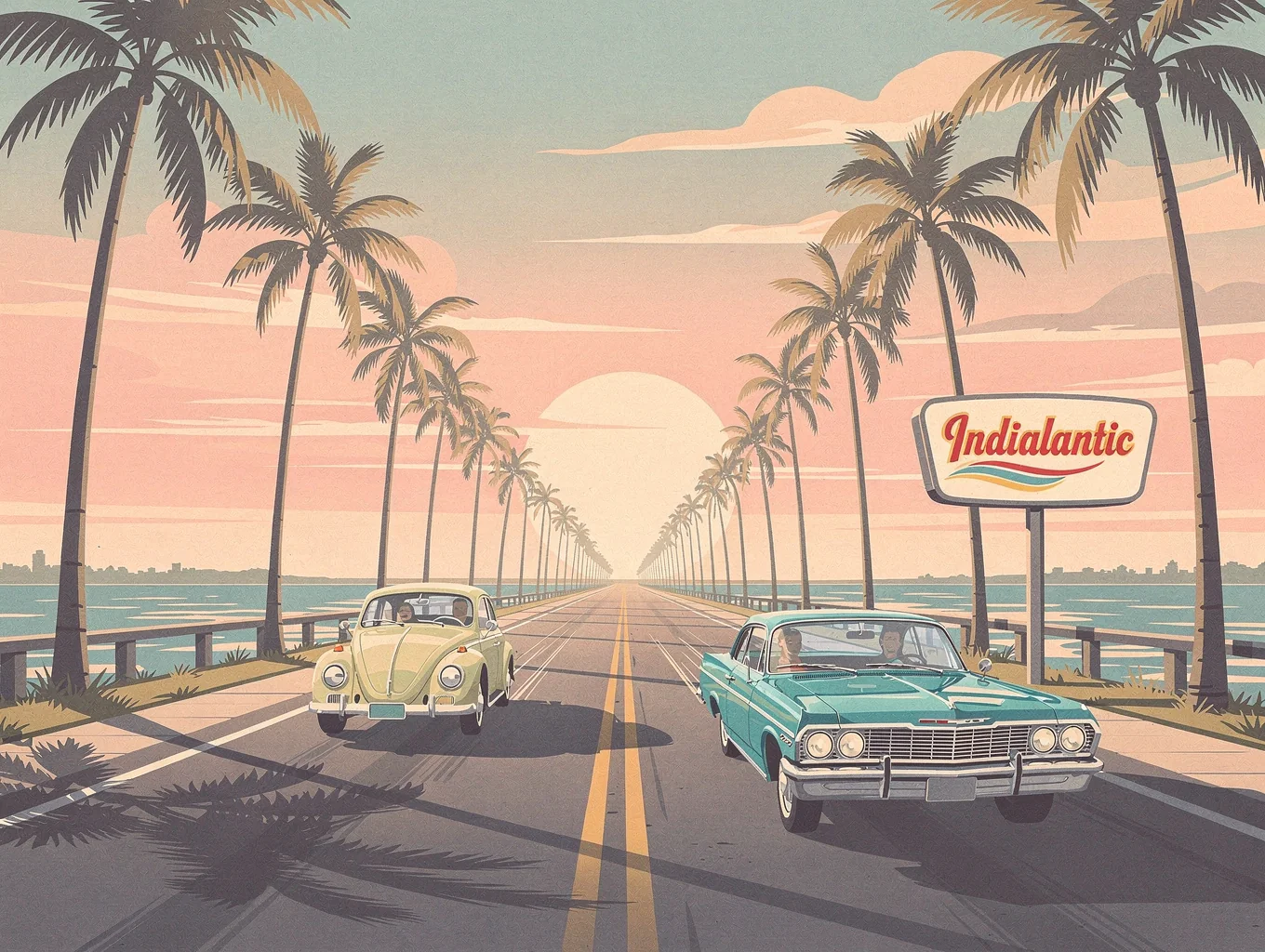 Historic 1960s Melbourne Causeway approaching barrier island beaches and Indialantic in Brevard County
